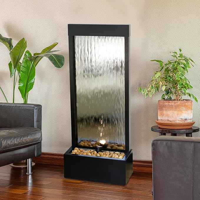 Alpine Corporation - Mirror Waterfall Fountain with Stones & Lights - Zen Indoor/Outdoor Decor for Office, Living Room, Patio, Entryway - 48 Inches (Silver)