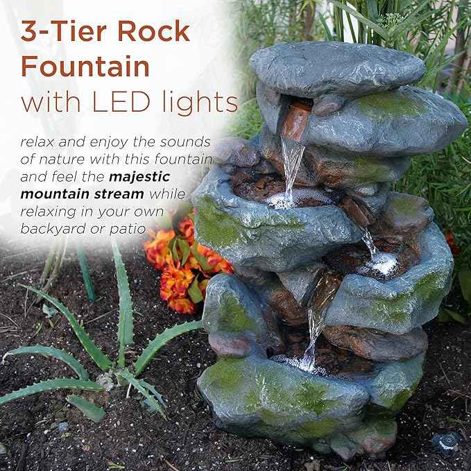 Alpine Corporation 22" Tall 3-Tier Outdoor Rock Waterfall Fountain with LED Lights, Natural Stone Look for Garden, Patio, Yard & Porch Decor, Gray