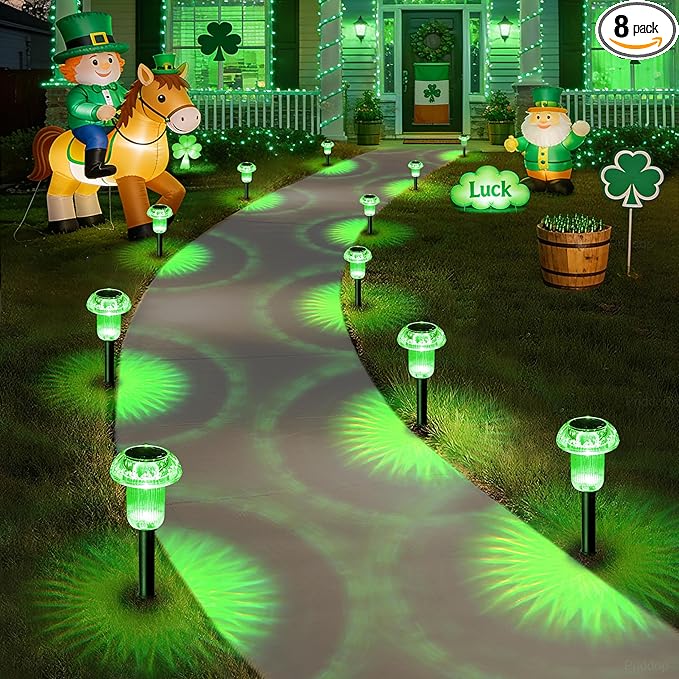 St Patricks Day Solar Lights Outdoor 8 Pack Green LED Waterproof Mushroom Outside Lights for Yard Garden Patio Pathway Walkway Landscape Saint Patricks Day Decorations