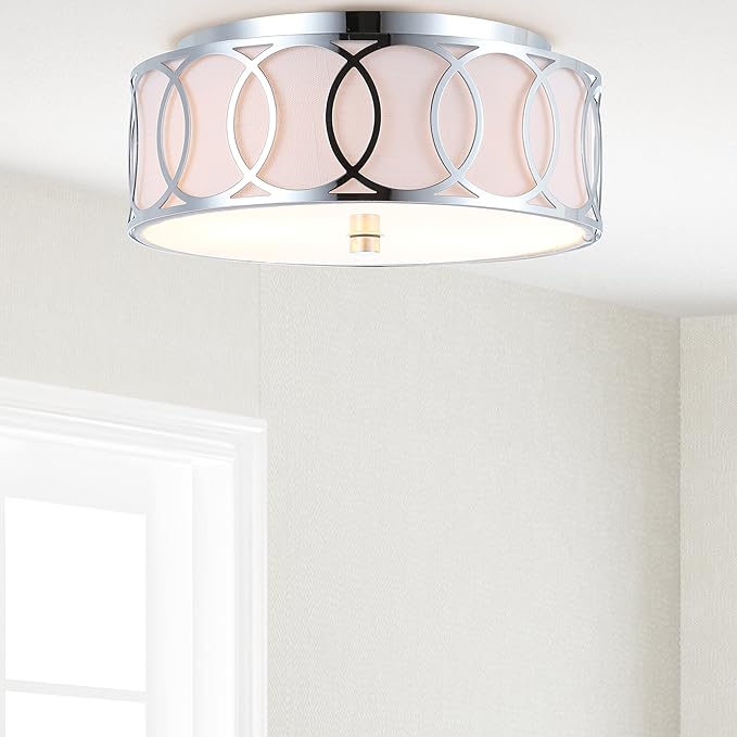 JONATHAN Y 12.25" Chrome Modern Metal LED Flush Mount Ceiling Light for Bedroom Hallway, White Linen Drum Shade with Geometric Fretwork, LED Bulbs Included (JYL3502B)
