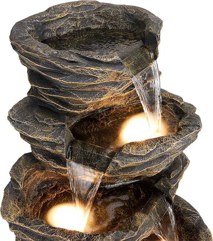 Alpine Corporation 39" Tall Outdoor 5 Tiered Natural Look Rock Water Floor Fountain with Replaceable Lights, Brown