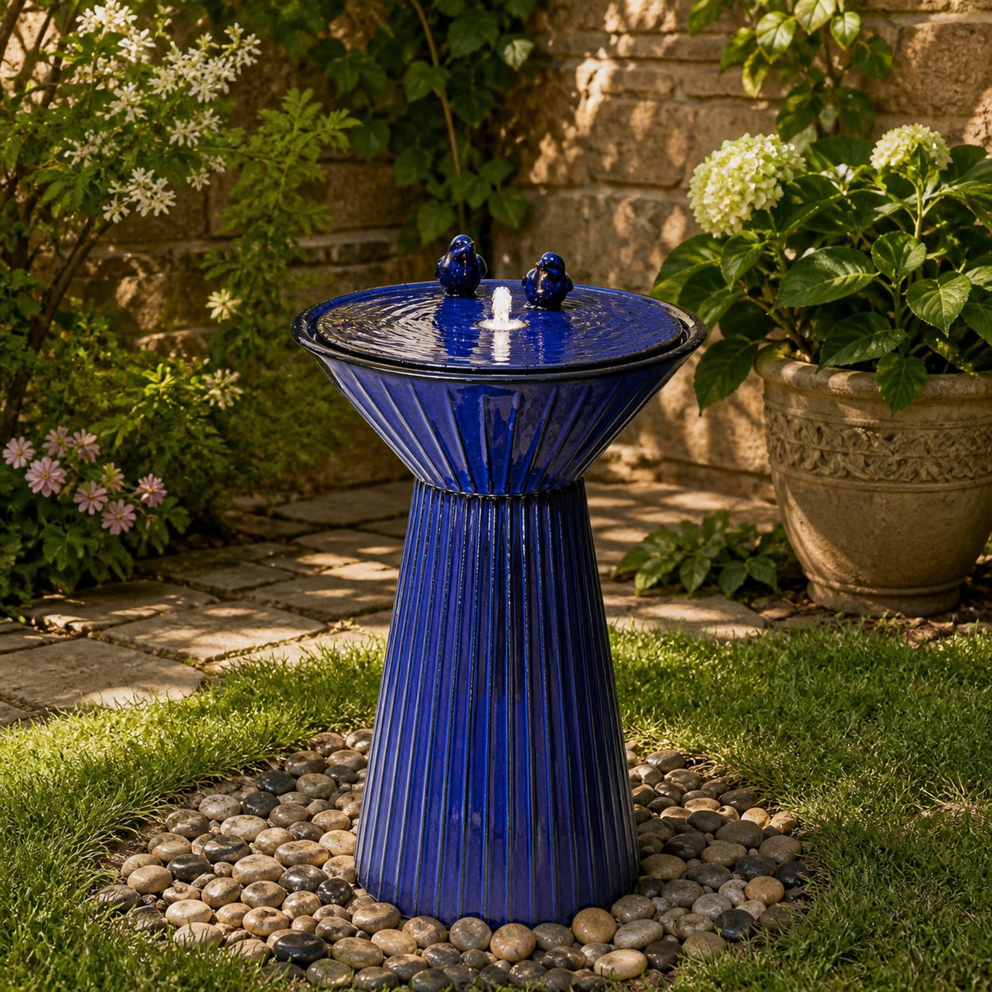 Autodaya 28" Ceramic Outdoor Water Fountain LED Birdbath