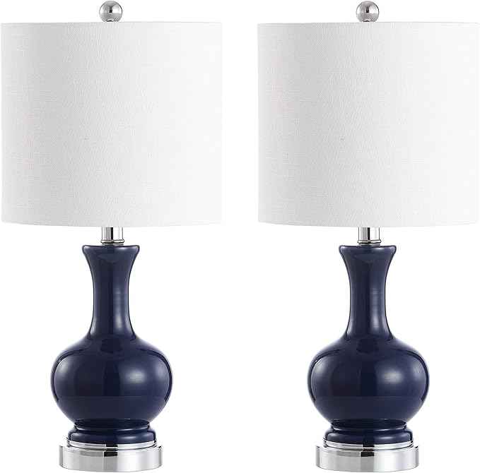 JONATHAN Y 21.5" Navy/Chrome Modern Glass Table Lamp Set of 2, Brass Gold Bedside Lamp with White Linen Shade for Bedroom Living Room, LED Bulbs Included (JYL4033C-SET2)
