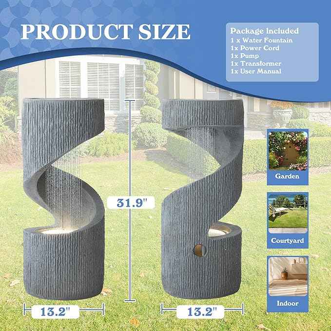 31.9" Outdoor Garden Water Fountain, S-Shaped Cascading Fountains and Waterfalls with LED Lights & Splash-Proof Net, Indoor/Outdoor Floor Standing Water Feature for Patio, Backyard, Home Decor