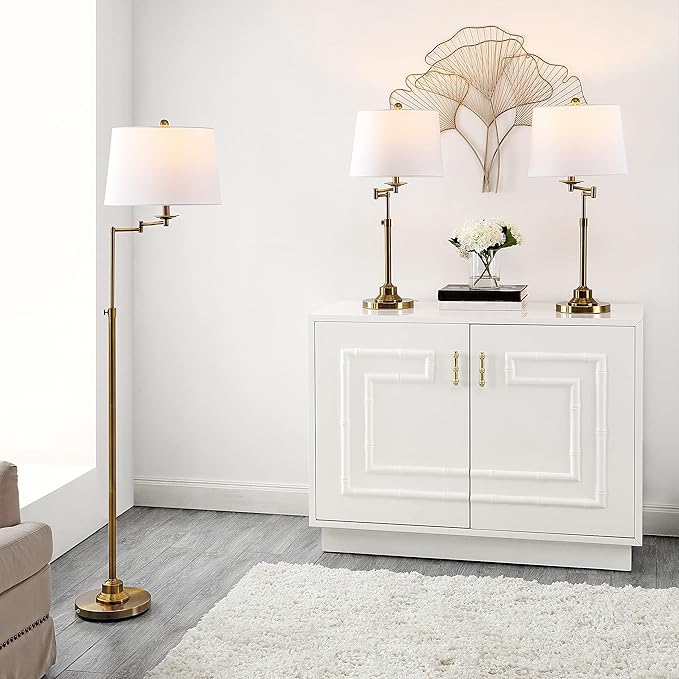 SAFAVIEH Lighting Collection Nadia Contemporary Gold Swing Arm Floor & Table Lamp Set of 3 (LED Bulbs Included)