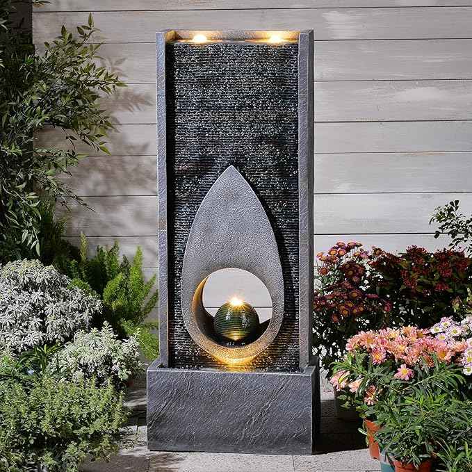 46.5" H Large Indoor Water Fountains - Modern Rectangular with Sphere - Waterfall Fountain for Indoor or Outdoor with LED Lights and Pump for Deck, Patio, Porch, Garden, Yard Decor
