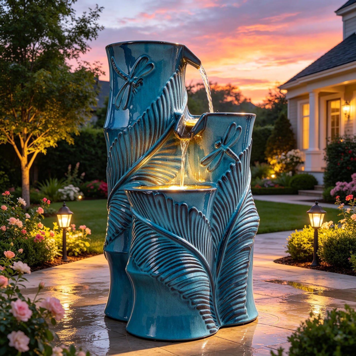 Autodaya Tropical Turquoise Ceramic Outdoor Water Fountain with Lights