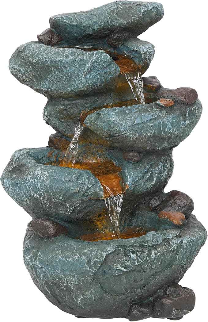 Alpine Corporation TZL418 14" 3 Tier Rock Fountain with LED Lights, Elegant Cascading Water Feature for Tabletop, Indoor Decor, Relaxing Stone Waterfall for Home & Office, Gray