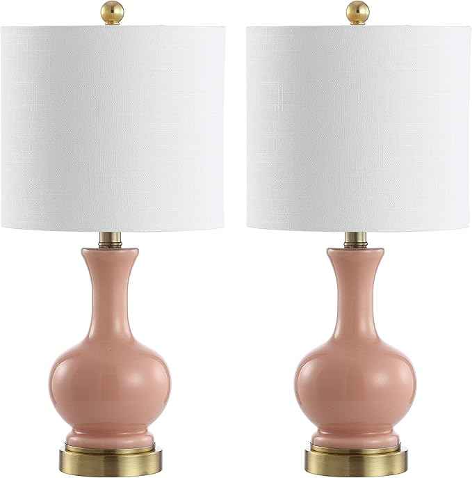 JONATHAN Y 22" Light Coral/Brass Gold Modern Glass Table Lamp Set of 2, Brass Gold Bedside Lamp with White Linen Shade for Bedroom Living Room, LED Bulbs Included (JYL4033D-SET2)