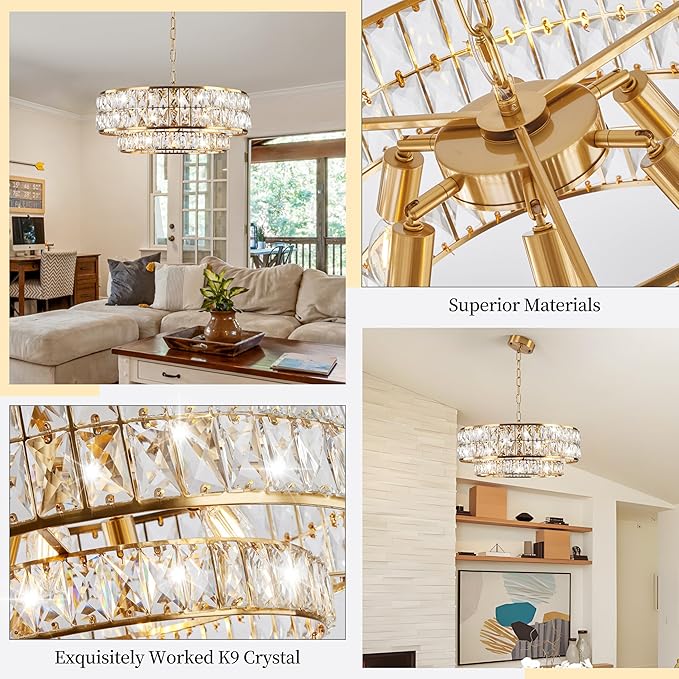 20 Inch Contemporary Luxury Crystal Chandelier, 6-Light Gold Semi-Flush Mount Ceiling Fixture, Round Crystal Pendant Design Perfect for Living Room, Dining Room, Kitchen, Foyer & Bedroom - Aura Lighting