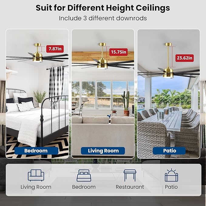 65 Inch Ceiling Fans with Lights and Remote for Bedroom Living Room Kitchen Office, Indoor/Outdoor Use, 3CCT, 8 Blades 6 Speed Reversible Dimmable Quiet DC Motor, Gold/Black