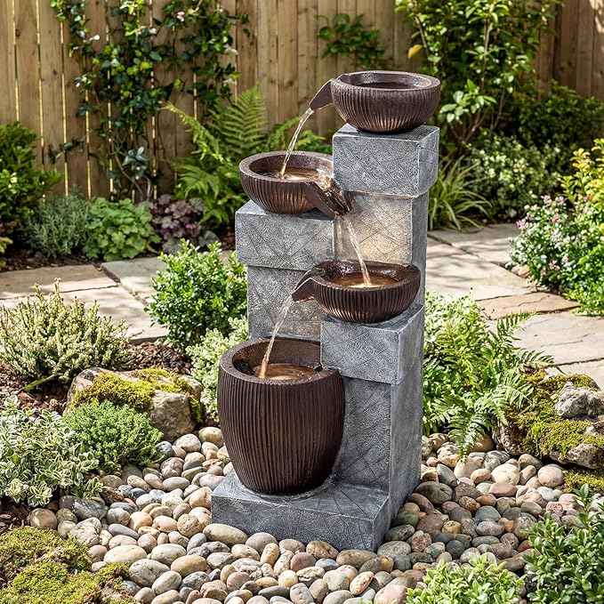 Giantex 32'' Water Fountain Outdoor, 4-Tier Cascading Bowls Waterfall Fountain with Warm LED Lights & Pump, Outside Zen Water Feature for Patio, Balcony, Deck, Garden, Yard Decor