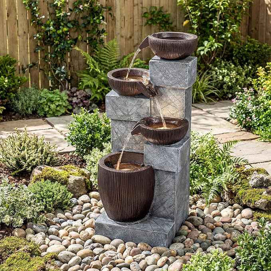 Giantex 32'' Water Fountain Outdoor, 4-Tier Cascading Bowls Waterfall Fountain with Warm LED Lights & Pump, Outside Zen Water Feature for Patio, Balcony, Deck, Garden, Yard Decor