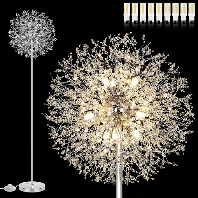 BesLowe 69'' Crystal Floor Lamp for Living Room, Modern Standing Lamp with 738PCS K9 Crystals, Tall Lamp Pole Light for Bedroom Office, Mid Century Silver Floor Lighting with 9 LED Bulbs, Chrome