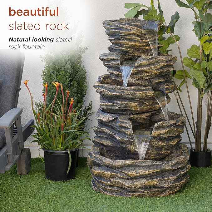 Alpine Corporation 39" Tall Outdoor 5 Tiered Natural Look Rock Water Floor Fountain with Replaceable Lights, Brown