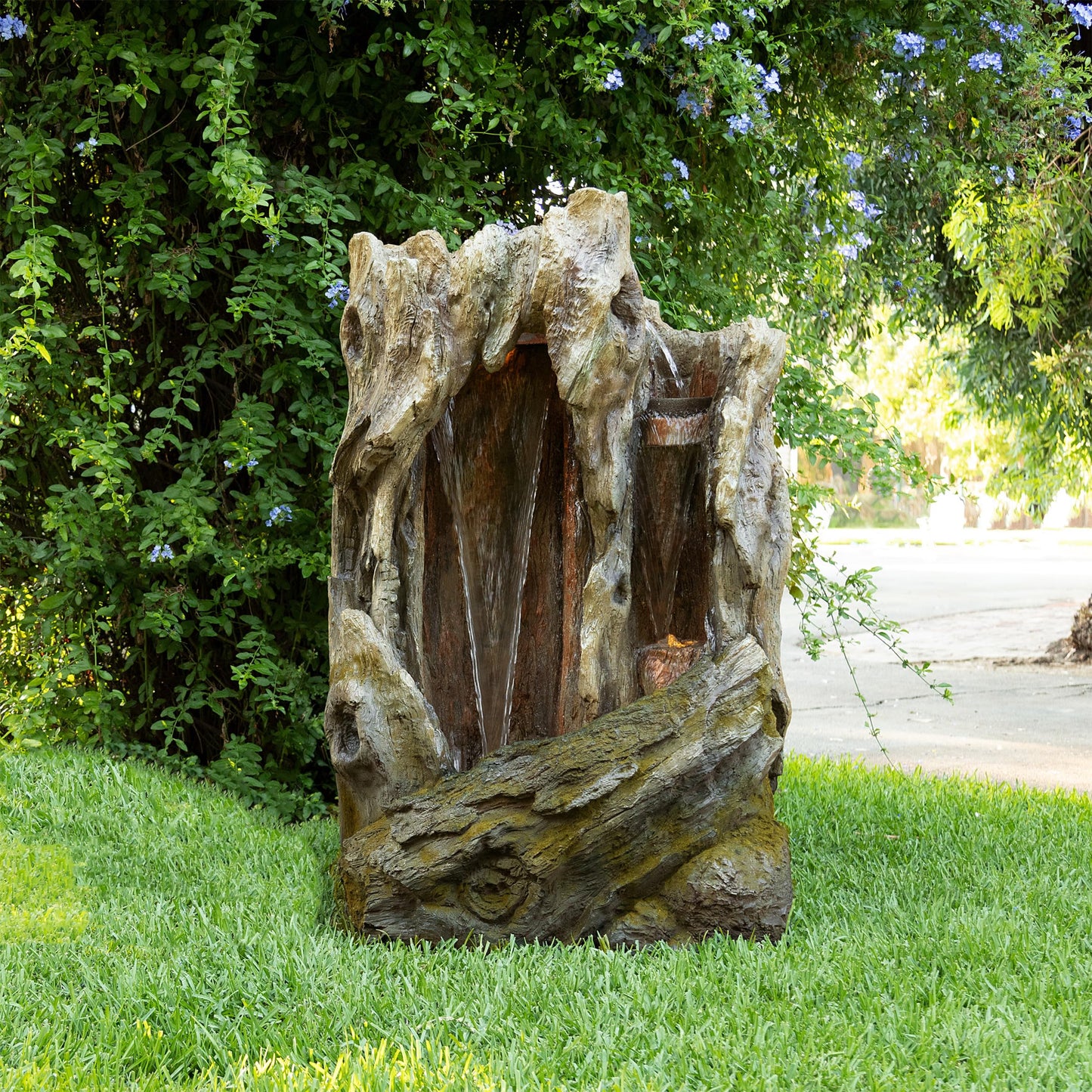 62" Rustic Outdoor Tree Trunk Waterfall Fountain with LED Lights