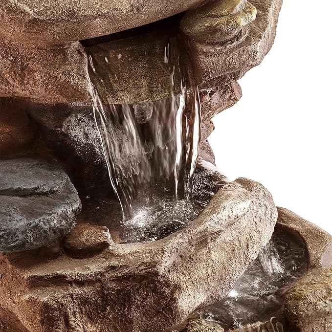 Alpine Corporation 40" Tall Floor Fountain, Tiered Rock Water Feature with Color-Changing LED & Remote, Cascading Streams for a Tranquil Garden, Patio, Yard, Deck, or Porch, Light Brown