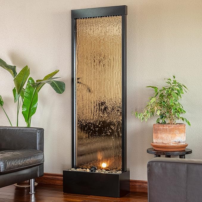 Alpine Corporation 72" Tall Indoor/Outdoor Mirror Waterfall Floor Fountain, LED Lights & River Stones, Elegant Bronze Finish for Home, Office, Patio & Entryway Decor