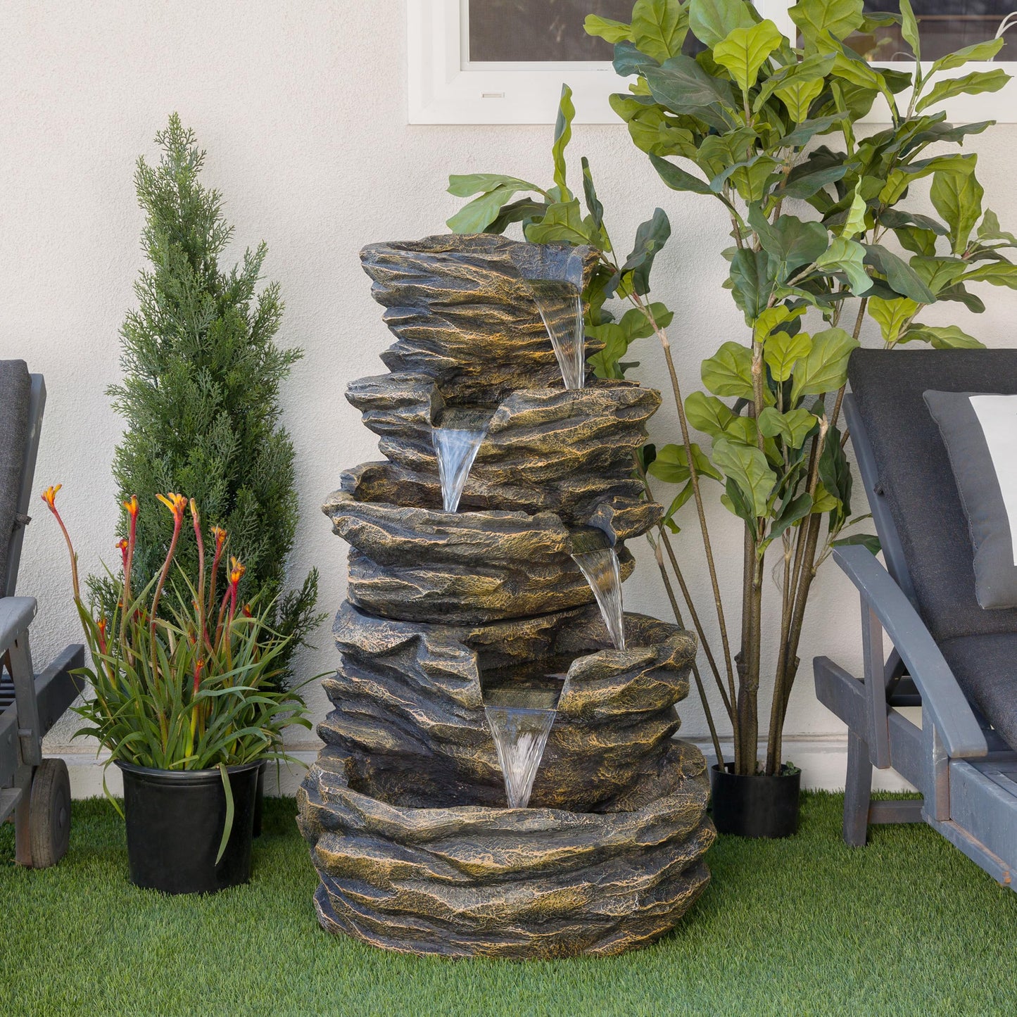 39" Tall Outdoor 5 Tiered Natural Look Rock Water Floor Fountain with Replaceable Lights