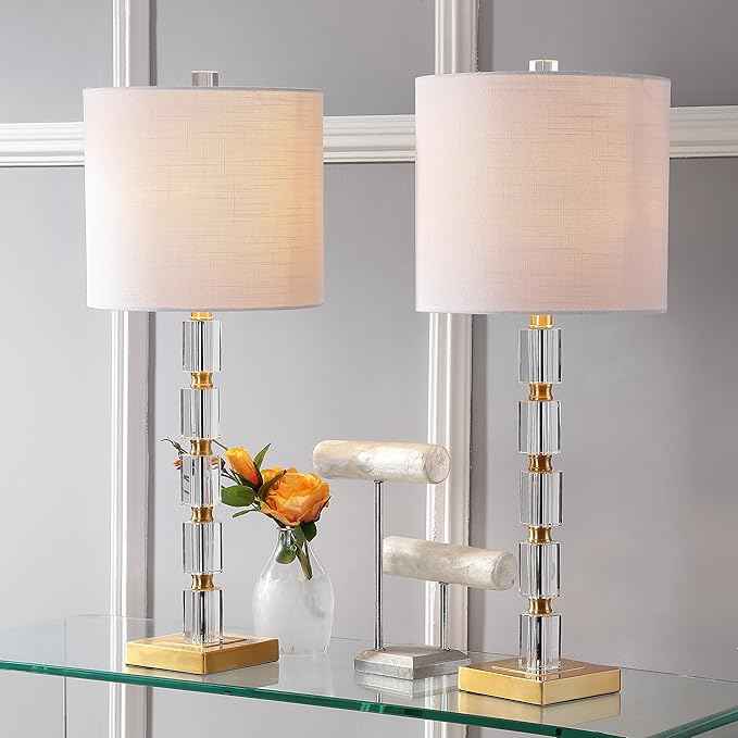 JONATHAN Y 28.5" Clear and Brass Gold Crystal Table Lamp Set of 2, Modern Glam Geometric Bedside Lamps for Living Room, White Linen Drum Shade, UL Listed, LED Bulbs Included JYL5001A-SET2
