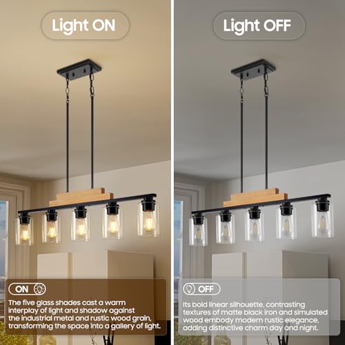 5 Light Wood Dining Room Light Fixture Over Table with Clear Glass Shade (Black & Beige / 5-Light)