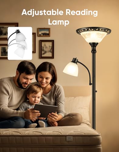 Torchiere Floor Lamp for Living Room with Reading Light (Black)