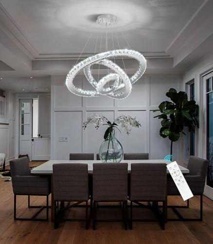 Modern Crystal Chandelier Dimmable LED Ceiling Light Fixture 3 Ring Adjustable Stainless Steel Chandeliers for Dining Room Living Room Bedroom Silver (Silver / 3-Ring 24")