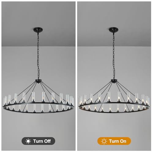 24 Light Large Wagon Wheel Chandelier with Clear Glass Shade Black Round Pendant Light Farmhouse Industrial Chandeliers Dining Room Light Fixture for Stair Living Room Foyer Kitchen (Black / 1 Tier-24 Lights)