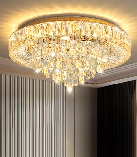 23.6" Modern Crystal Chandeliers LED Dimmable Flush Mount Ceiling Chandeliers for Living Room Entrance Foyer Bedroom Gold (Gold / 23.6" Width)