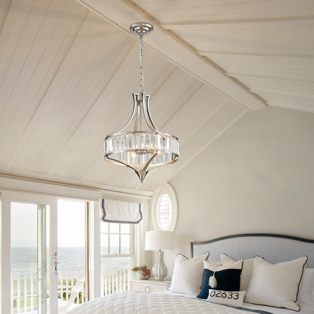 Crystal Chandeliers for Dining Room 15.7" Round Rustic Farmhouse Hanging Pendant Lighting Fixture Modern Brushed Nickel Chandelier Metal Shade 4 (15.7”-Brushed Nickel)