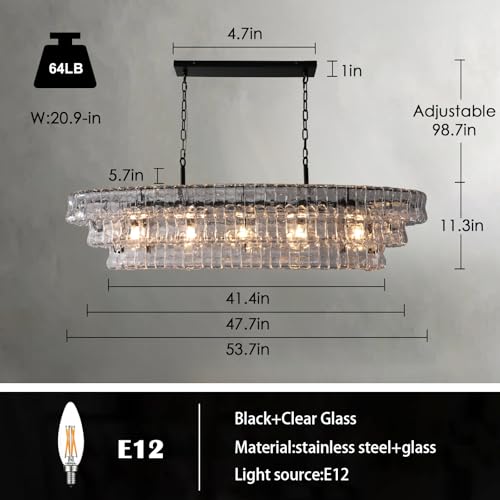 54 Inch Large Rectangular Black Chandelier for Dining Room (Black(Clear Glass) / Rectangle L54'')