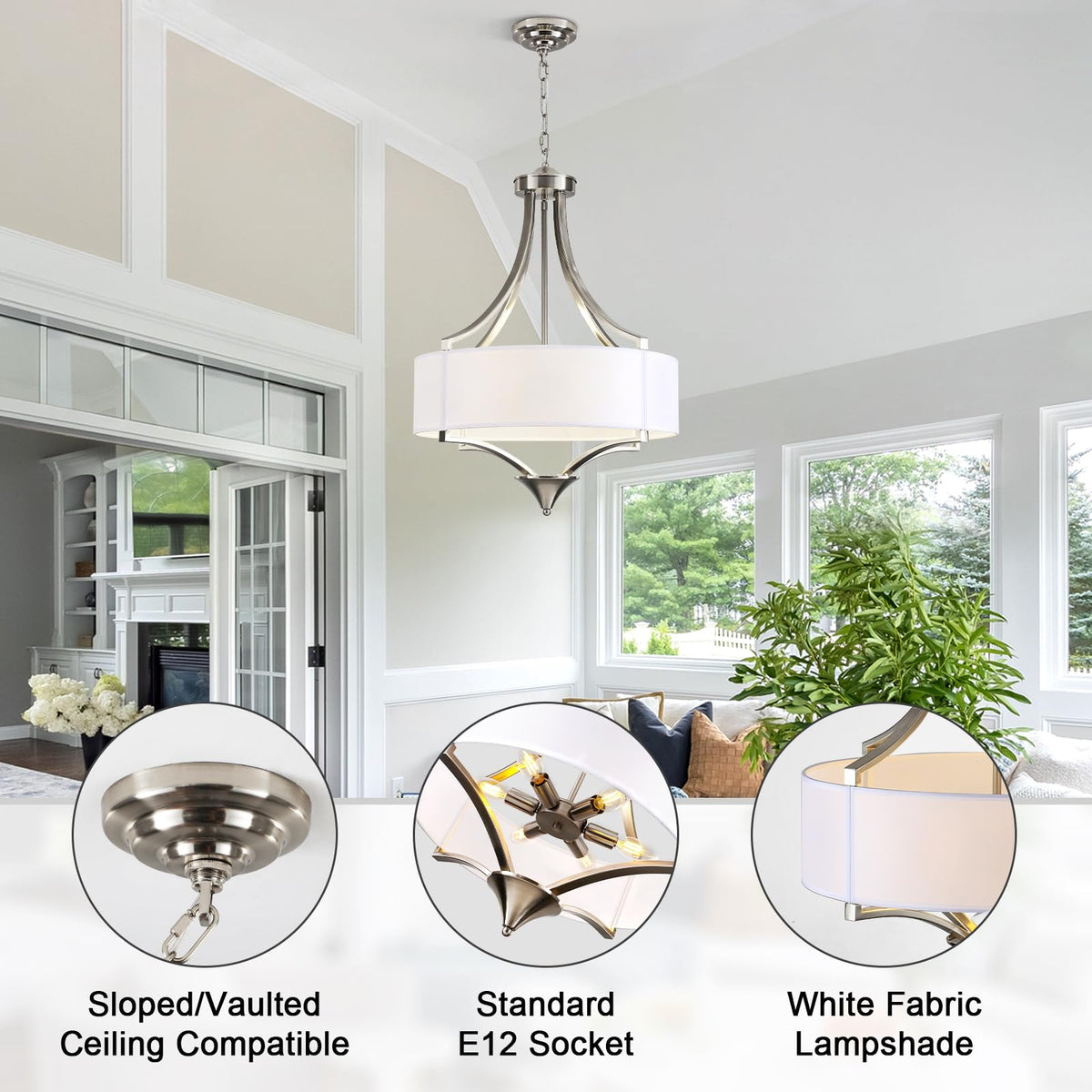 6 Light Brushed Nickel Chandelier 19.7" Modern Drum Chandeliers for Dining Room Light Fixture with White Fabric Shade Large Pendant Lighting for Kitchen Island Living Room Bedroom Foyer Over Table (6-Light Brushed Nickel and White)