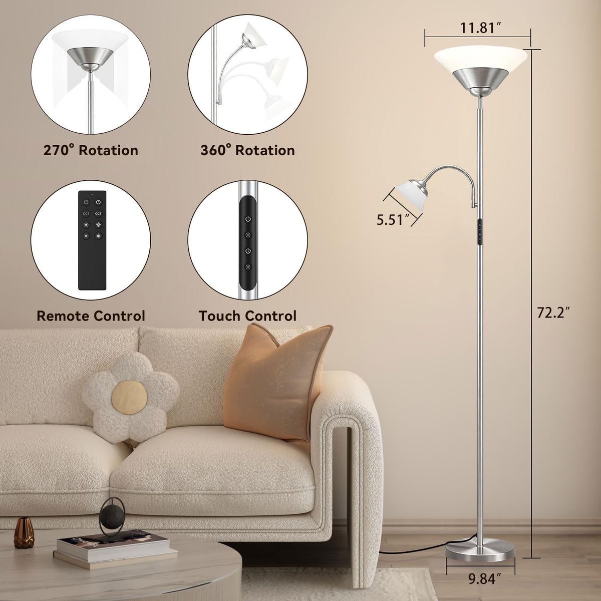 2-in-1 Torchiere Floor Lamp, 34W Super Bright LED Standing Lamp with Remote & Touch Control, 72" Dimmable Adjustable Corner Reading Lamp for Living Room, Bedroom, Office, Metallic Silver (Metallic Silver)