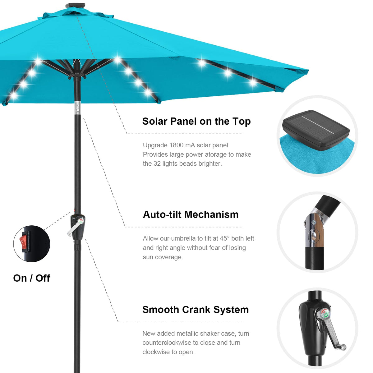 Solar Led Patio Umbrella with 32 Lights 9FT (LED Umbrella / 9ft / Lake)