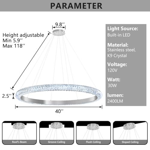 40" 1 Ring Crystal Chandelier Modern LED Dimmable Ring Pendant Light Chandelier for Dining Room Living Room Silver (Silver / 1 Ring Round 40")