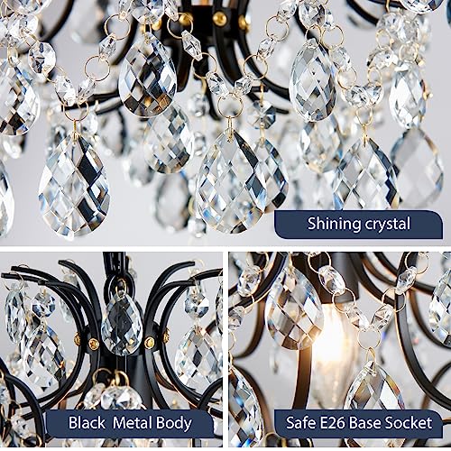 Black Modern Pendant Chandelier Crystal Raindrop Lighting Ceiling Light Fixture Lamp for Dining Room Bathroom Bedroom Livingroom entryway 1 E26 Bulbs Required D13 in x H16 in (D13" x H16" / Black)