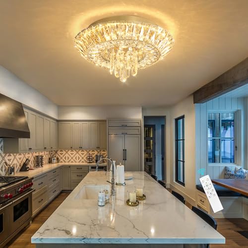 Crystal Chandelier Modern Round Ceiling Light Fixture LED Raindrop Chandeliers Dimmable with Remote for Dining Room Living Room Entryway Hallway Bedroom Gold (Gold / W16")