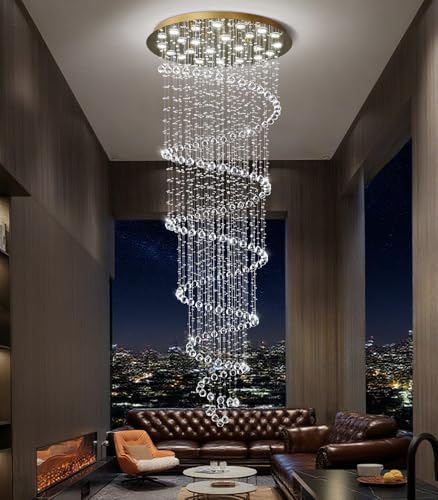 W47 x H118 High Ceiling Chandelier with LED Bulbs Dimmable Long Light Glam Chandeliers Crystal Pendants Light Fixtures for Foyer Entryway Living Room Stair Gold (Gold / Spiral W47" X H118")