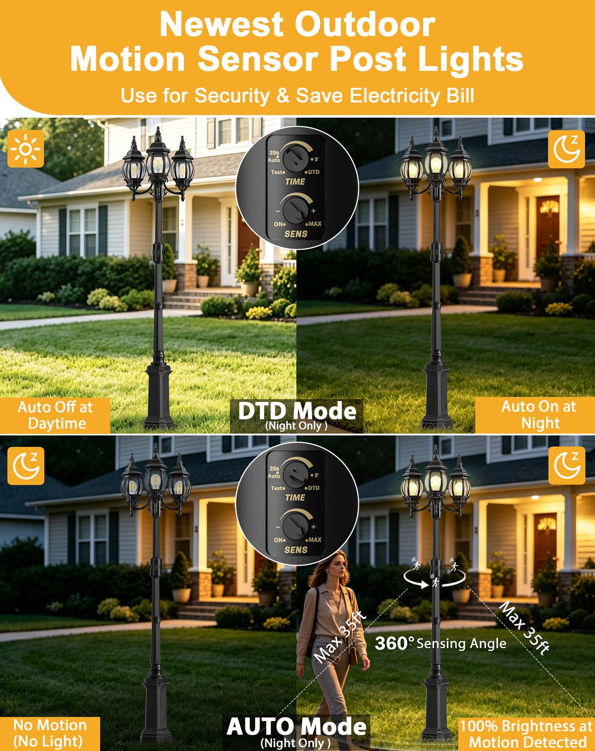 97" 3 Head Motion Sensor Outdoor Post Lights with GFCI Outlet (Black-with outlet / 97.7IN)