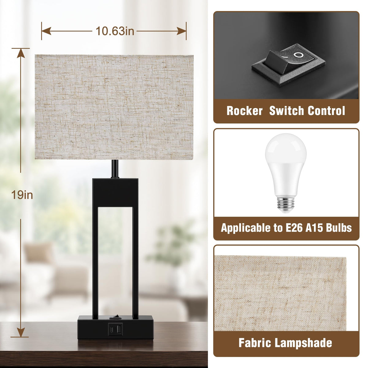 19" Nightstand Table Lamps for Bedroom Set of 2 (Black-19inch)