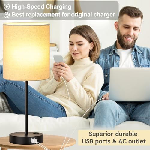 Upgraded】Set of 2 Touch Control Table Lamps with USB A+C Ports & AC Outlet