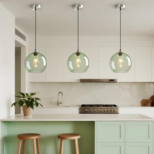 Light Green Seeded Glass Pendant Lights Kitchen Island 3 Pack (Light Green / L - 9.84 in)
