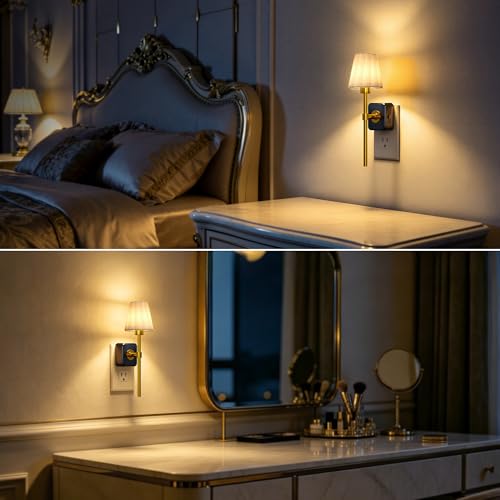 LED Night Lights Plug into Wall Vintage Pleated Fabric Cover (Gold / 2 Pack)