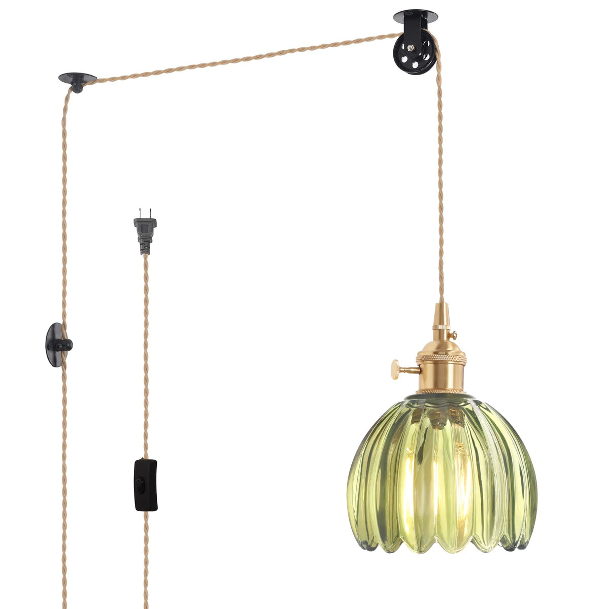 Plug in Pendant Light Hanging Light Fixture Corded On (Gold Green)