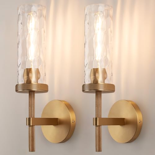 15" Knurled‑Craft Hardwired Brass Wall Sconce (Brass-Water Ripples / 15″-2 Pack)
