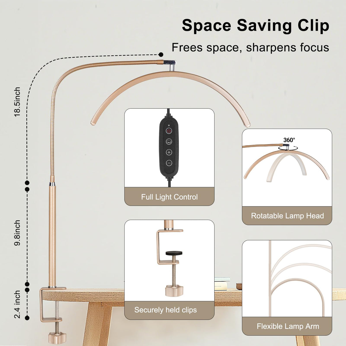 Professional Half Moon LED Desk Light for Nail Techs & Artists (Gold - Large)