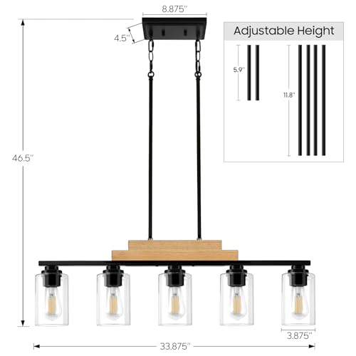 5 Light Wood Dining Room Light Fixture Over Table with Clear Glass Shade (Black & Beige / 5-Light)