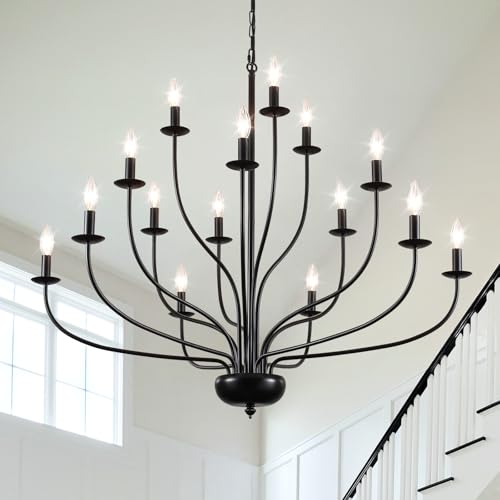 15 Light Black Chandelier 39" Large Foyer Chandeliers for High Ceilings Modern Farmhouse Chandelier Industrial Candle Pendant Light Fixture for Entryway Living Room Dining Room Staircase Hallway (Black / 15-Light 39")