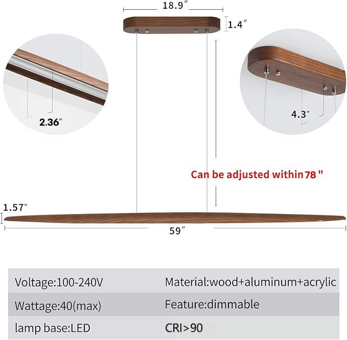 Wood Linear Pendant Hanging Light Fixture Minimalist Light Linear Chandelier Wood Kitchen Island Lighting 40w Dimmable for Dining Room Dining Table Living Room Pool Table Walnut Color (Walnut / 59in)
