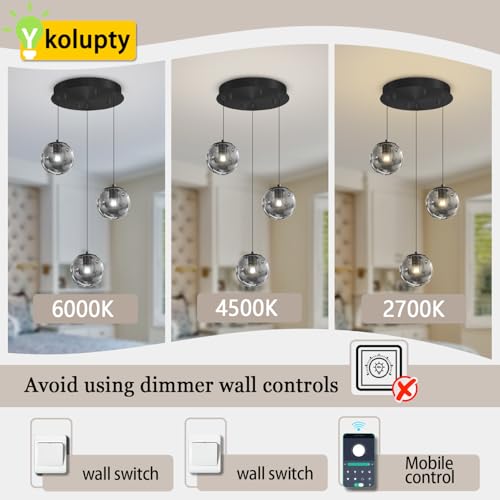 3 Light Black Pendant Light Fixtures Modern Smoke Gray Glass Globe Pendant Lights Kitchen Island Adjustable Hanging Lights Globe Stairwell Lighting Black Chandelier for Dining Room (Smoke Grey / Globe 3-Light)